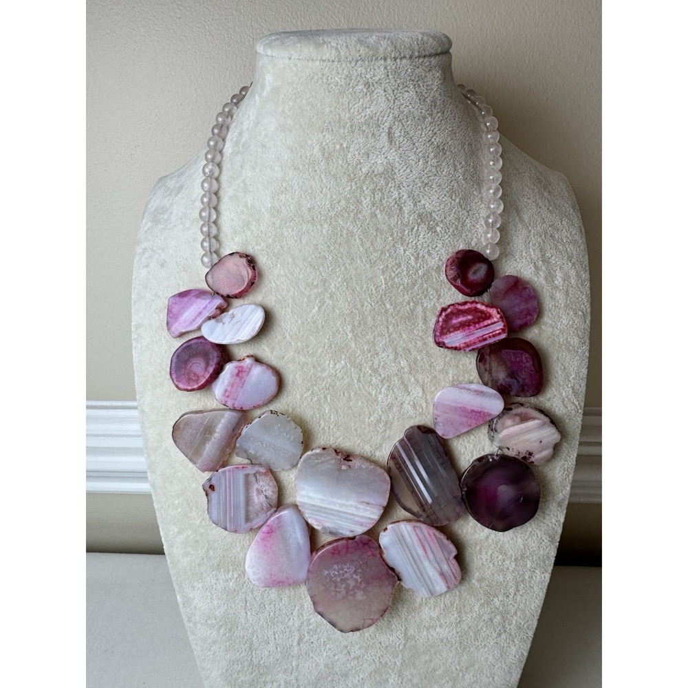 Pink Agate Slice Statement Bib Necklace Rose Quartz Beaded Boho Jewelry - Picture 2 of 12